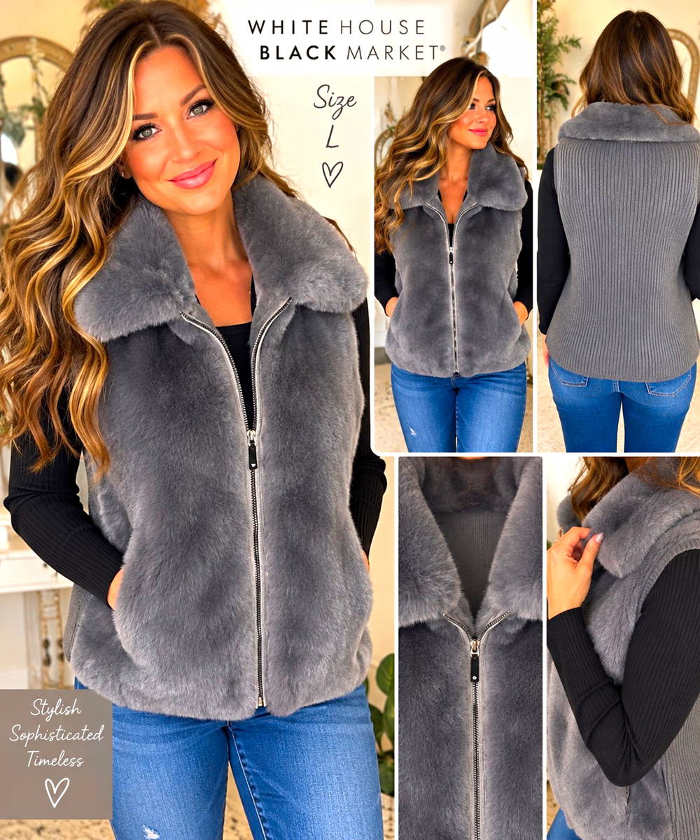 White House Black Market Faux Fur Vest Women L Gray Zip Front Plush Collar WHBM